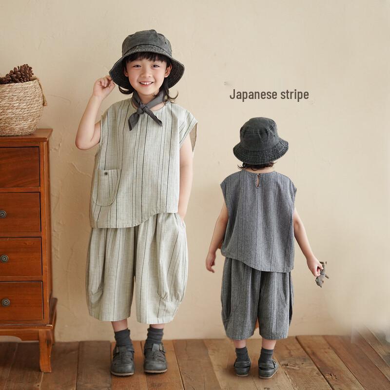 Yantaijia Kids  Japanese Style Pure Cotton Striped Vest & Pants Set XL
