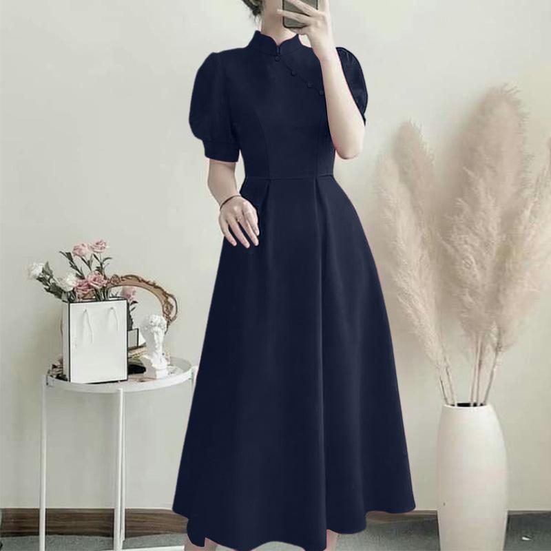 ZANZEA Women Casual Stand Collar Short Sleeve Solid Color Elegant Dress