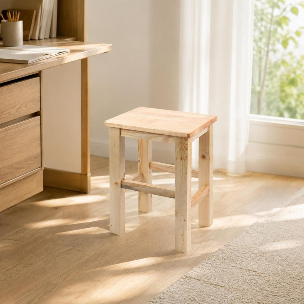 Solid Oak Wood Stool Sturdy with Rectangular Seat for Study Areas