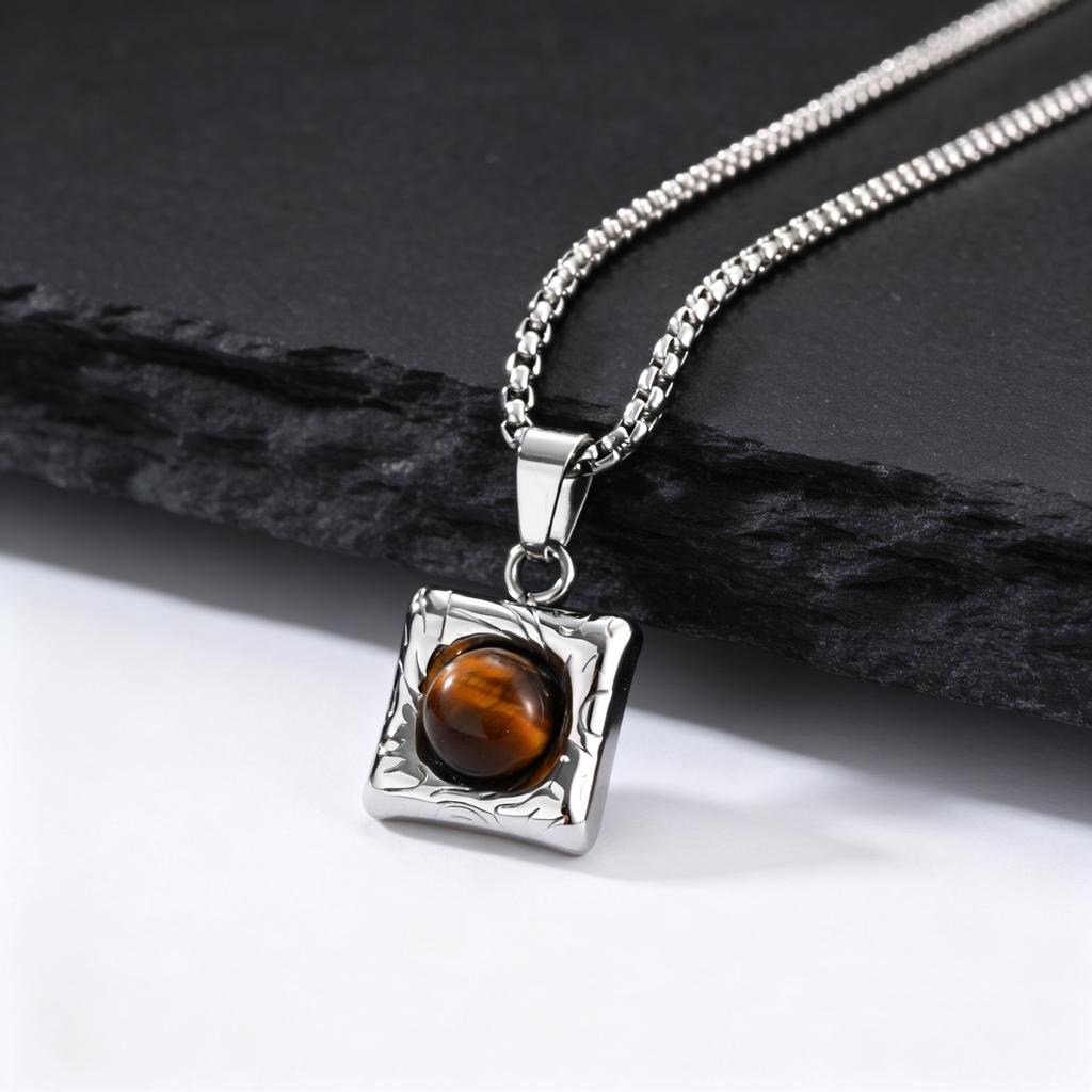 Stainless Steel Squre Pendant Necklace for Men,Casual Natural Agate Tiger Eye Stone Necklace,Hip Hop Punk Jewelry Gift