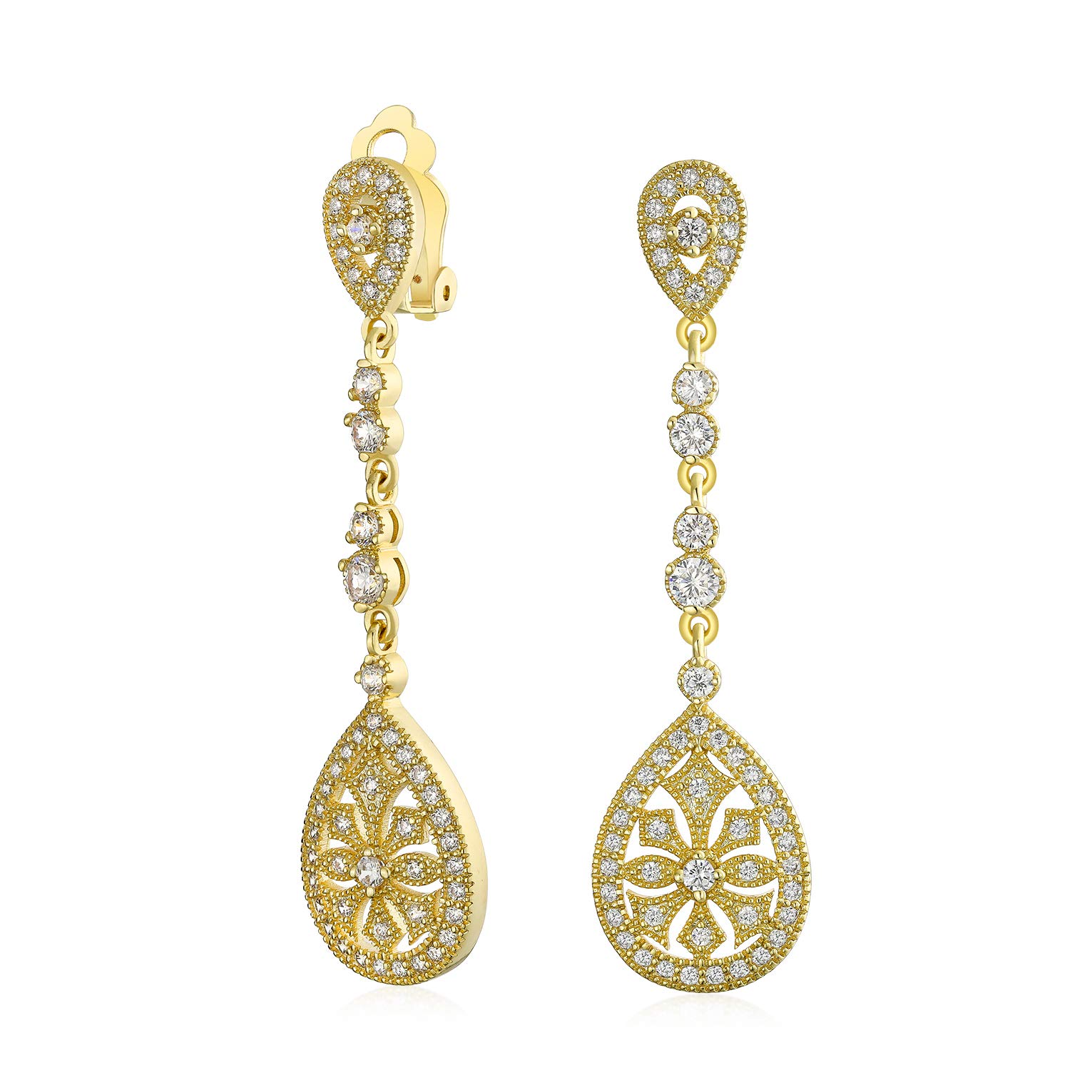 

CZ 14K Gold Plated Brass Art Deco Teardrop Chandelier Long Earrings [Bling Jewelry] 6.3cm золотий