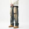 Graffiti Denim Amerikanische High Street zerrissene Jeans Herren Clean Fit Retro Straight alt gewaschene Hosen Herren