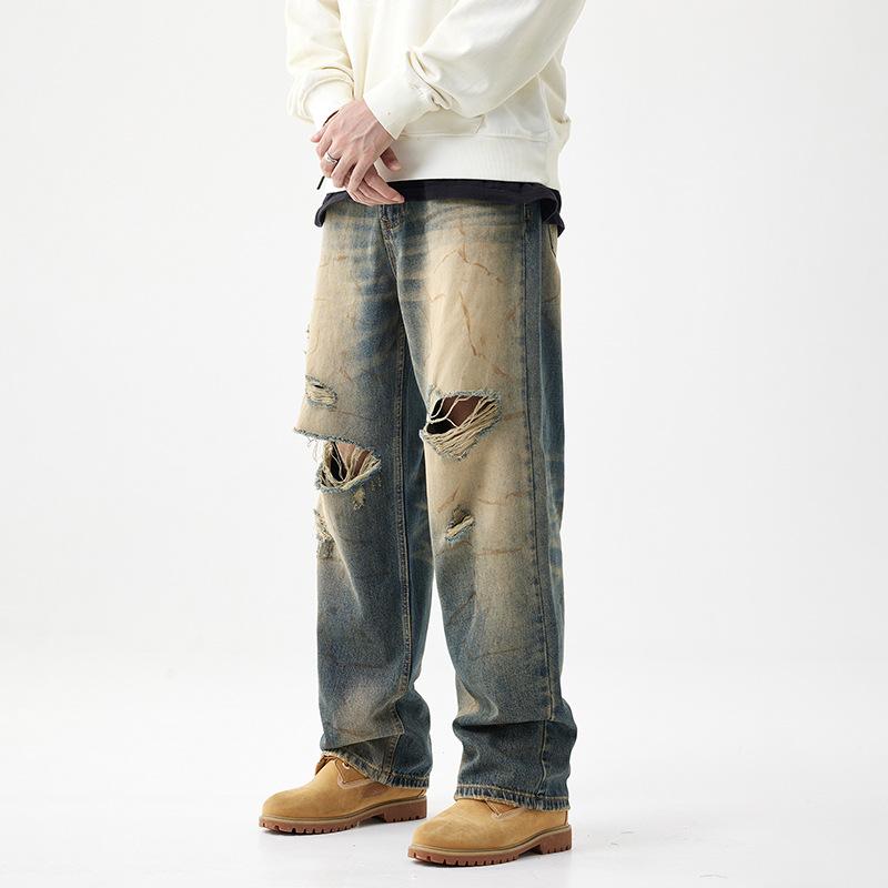 Graffiti Denim Amerikanische High Street zerrissene Jeans Herren Clean Fit Retro Straight alt gewaschene Hosen Herren