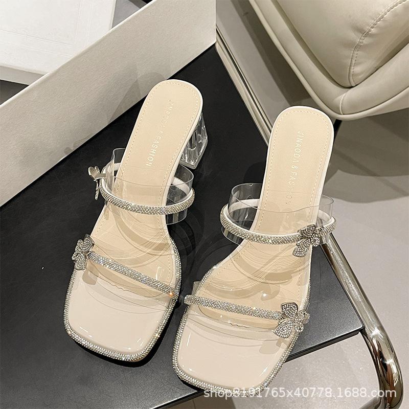 Bow Rhinestone Thick Heel Cool Slippers Women Wear 2025 Summer Fairy Style French Retro Toe High Heel Sandals