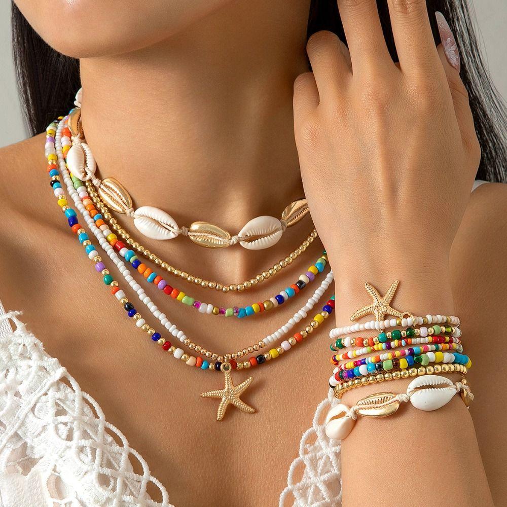 Star Bohemian Style Necklace Rice Bead Necklace Bracelet Set  Beach Jewelry