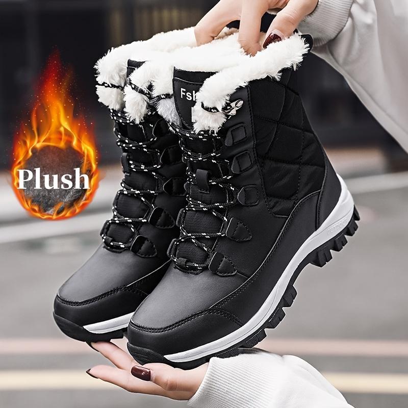 Women's High-Top Snow Boots, Solid Color, Round Toe, Warm Plush Lining, Anti-Slip Rubber Sole, Durable Fabric Insole, Man-Made Upper - Casual Footwear