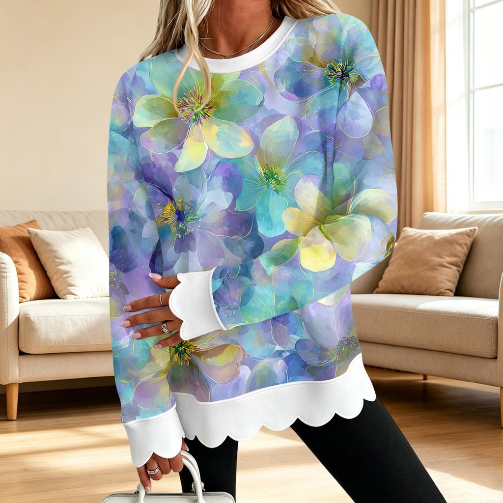 Dame Sweatshirt med Blomstertryk og Rund Hals med Skåret Bølget Kant Langærmet Pullover Top