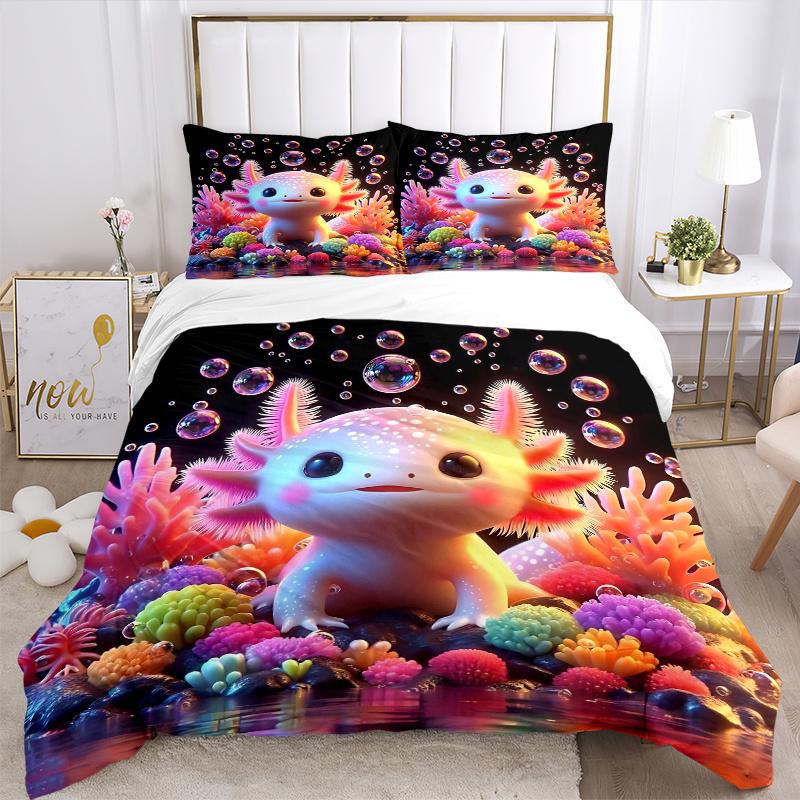 3pcs Axolotl Bubble Printed Bedding Set, Soft and Comfortable Quilt Cover for Bedroom, Guest Room (1 Duvet Cover + 2 Pillowcases, Pillow Cor