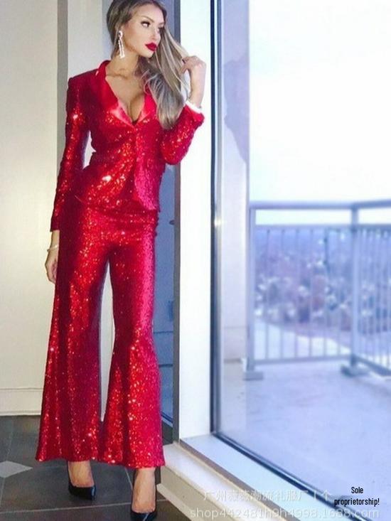 Elegant Red Sequin Nightclub Women s Waist-Cinching Banquet Suit - Two-Piece Set Large красный