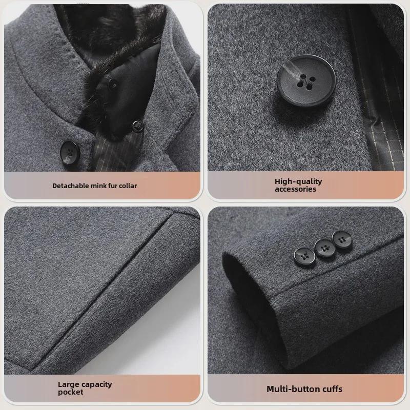 Abrigo de Lana de Largo Medio para Hombre con Piel de Visón, Forro Desmontable de Plumón de Ganso y Cuello Mao