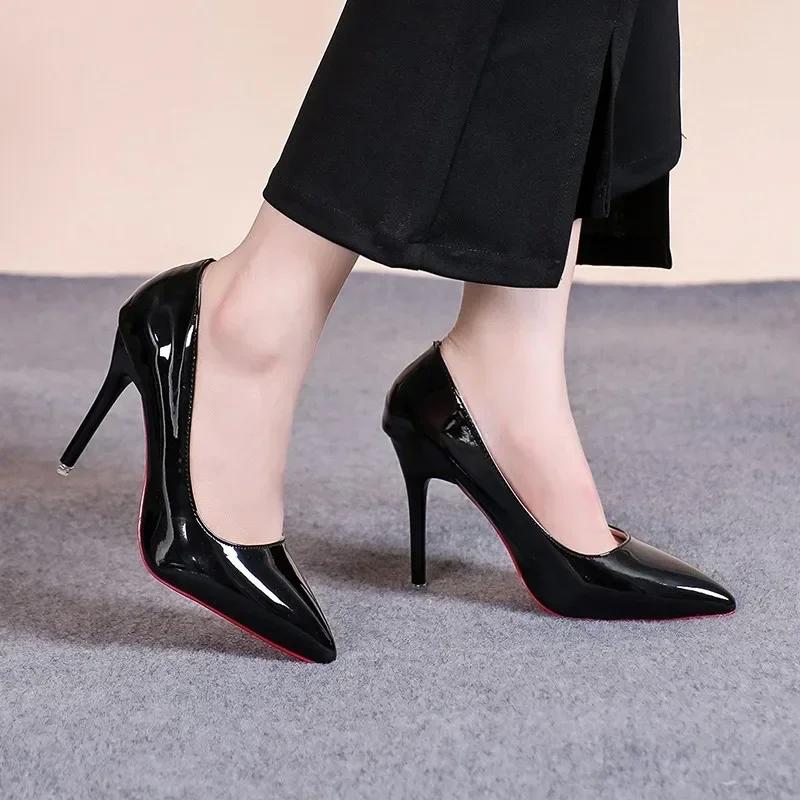 Black Stiletto Heels Pumps Women Patent Leather Office Shoes Woman Plus Size 43 Pointed Toe High Heels Shoes Zapatos Mujer