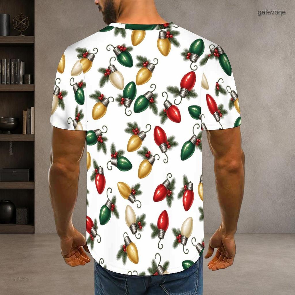 Men s Plus Size Round Neck Short Sleeve Christmas Robin Holly Printed White Pullover T Shirt