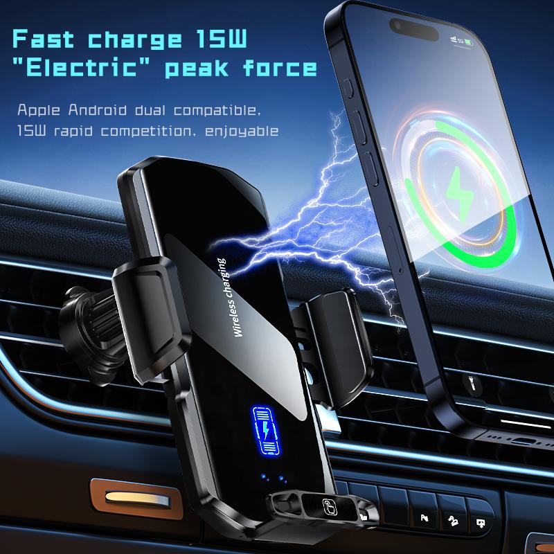 Bezdrátový držák telefonu do auta Stojan 15W Rychlé nabíjení Dotykové ovládání Držák telefonu do mřížky ventilace Panel z tvrzeného skla pro iPhone Android