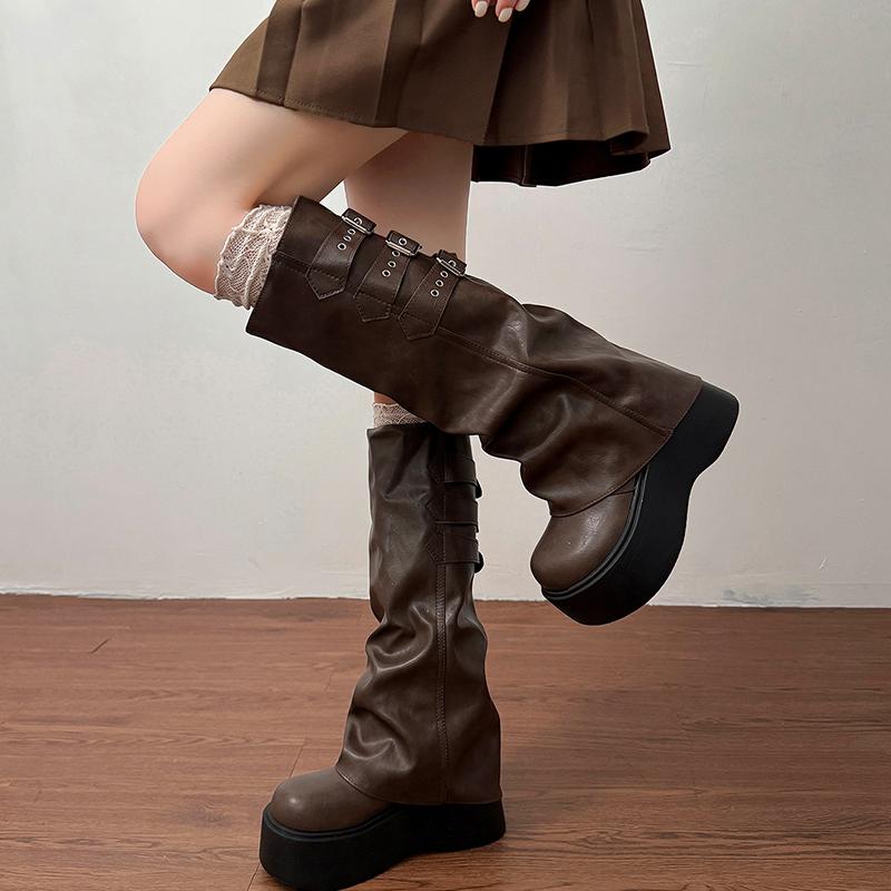 Winter Punk Style Pleated Splicing Women Knee High Boots Fashion Platform Thick Heels Long Booties  De Mujer