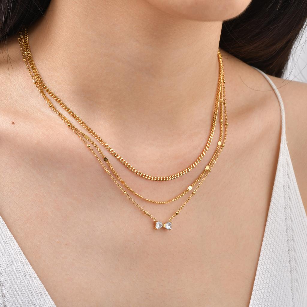 3pcs Set Simple Fashion 18K Gold Plated Stainless Steel Water Drop Heart Zircon Pendant Necklace for Women, Classic Jewelry Set