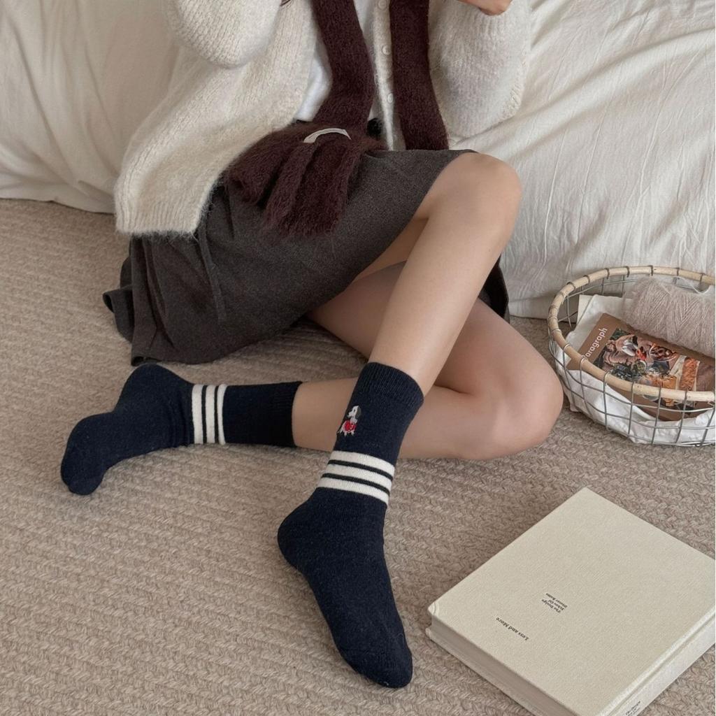 Socks Girls Thickened Plush Stripe Embroidery Cartoon Puppy Mid-Leg Socks Trendy Cute Pile Of Socks