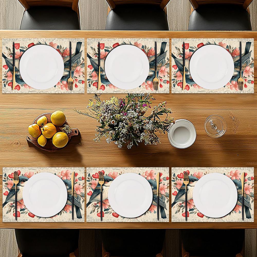 1pc/4pcs/6pcs Valentine's Day Heart Bird Placemats Suitable for Dining Table Decorations, Machine-Washable Rectangular