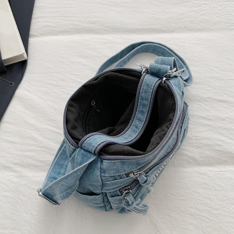 Borsa a tracolla gatto ricamato stile coreano carina Borsa a sacchetto in denim lavato per donne Styling quotidiano Casual Minimalista Borsa a spalla