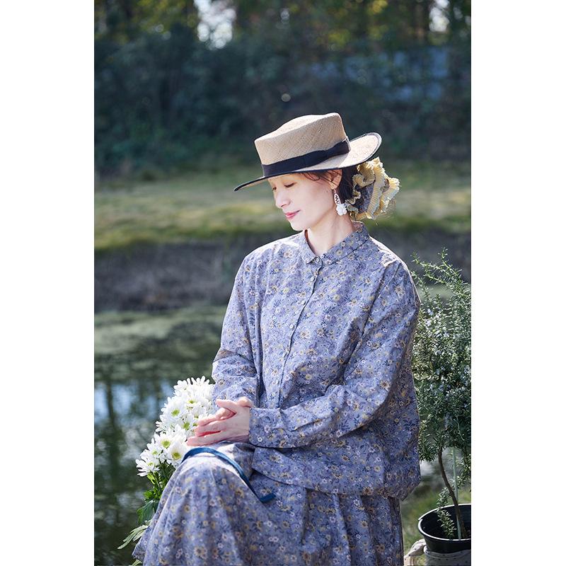 Grey-Blue Purple Retro Daisy Print Cotton Shirt Large