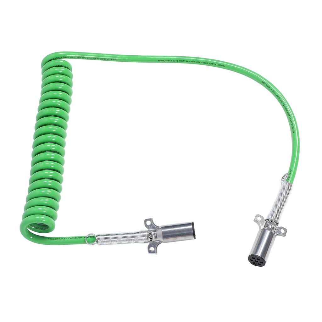 15FT 7 Way Coiled Trailer Cord Long Tail ABS Power Line Green Heavy Duty Power Wire for Semi Trucks Tractors