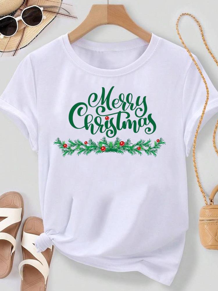(Asian Size) Merry Christmas New Year Women's Top T Tee Festival O-neck Plaid Tree Style Clothing Print Fashion Ladies Graphic T-shirts