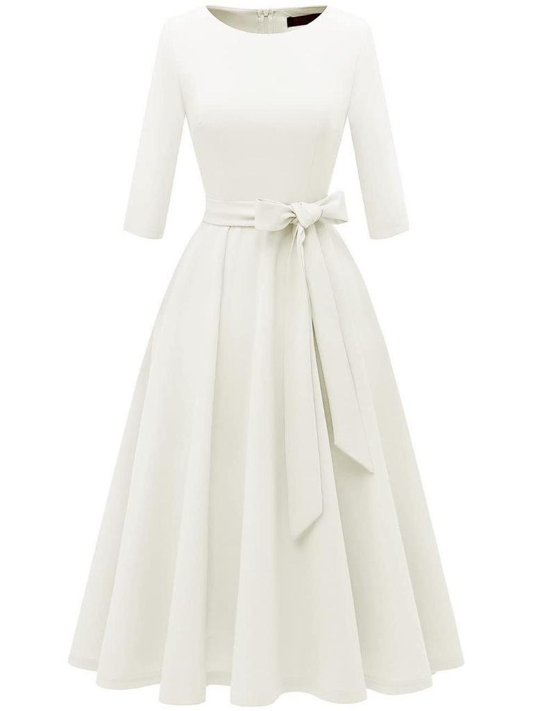 Garden Collar Seven-Sleeve Women's Evening Gown with Wide Hem Skirt - Solid Color Vacation Dress
