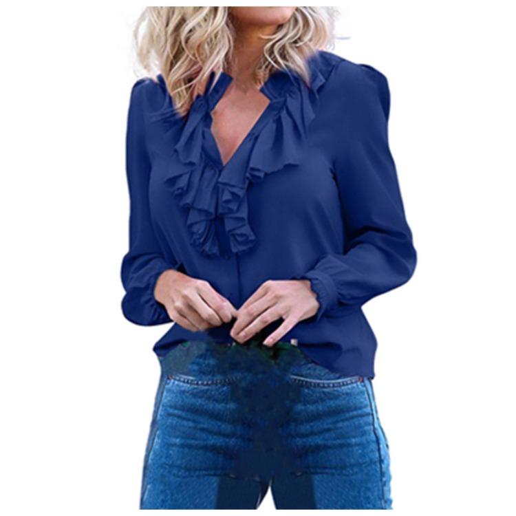 Chiffon Top with Ruffle V Neck Winter Color Womens Fashion Blouse