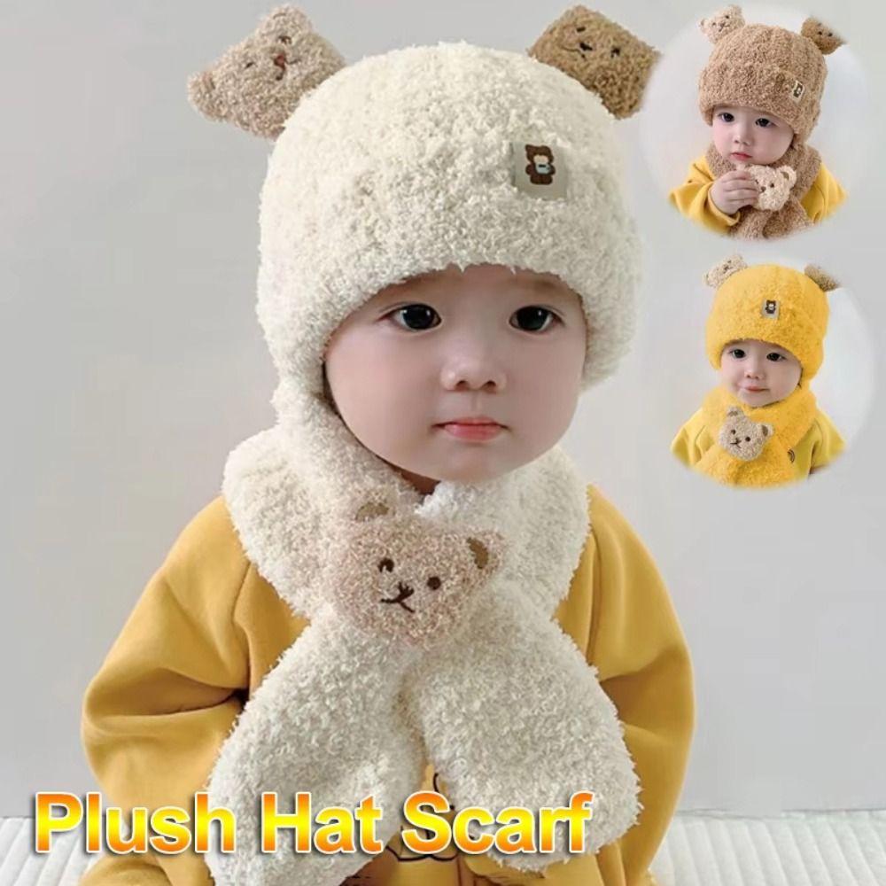 Korean Style Bear Scarf Hat Set Cute Kids Crochet Hat Children's Ear Protection Hat  Outdoor
