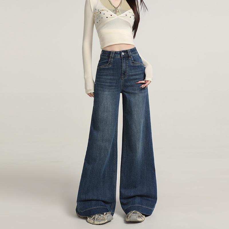 Retro micro-pull jeans, women's autumn new high-waisted loose-fitting wide-legged and thin, no-stick leg flared pants