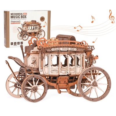 Stagecoach Jigsaw Music Box Kits 3D Wooden Puzzles Mechanical Building Construction Craft for Teens Adults Gift