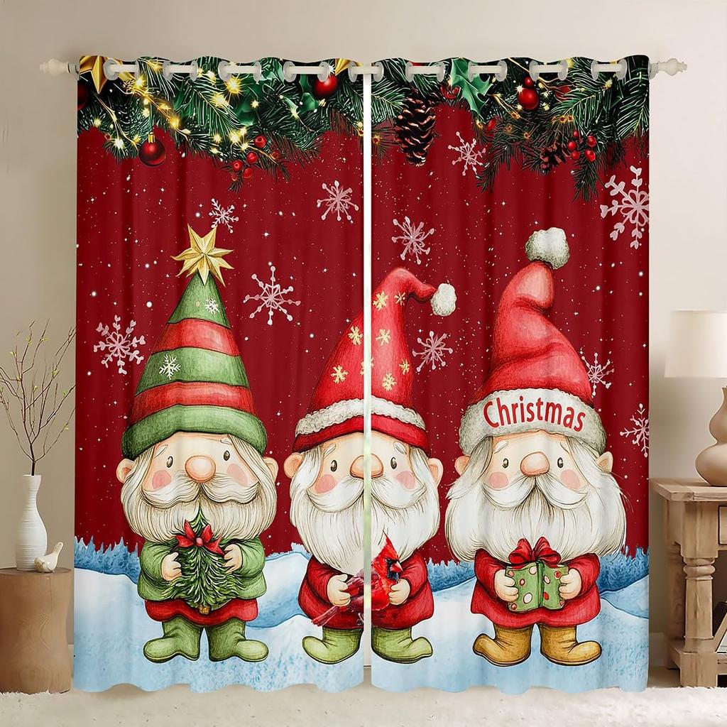 Christmas Gnome Curtain Winter Xmas Theme Window Curtains Snowflake Happy New Year Holiday Room Decor Panels Light Blocking Made Of Polyester