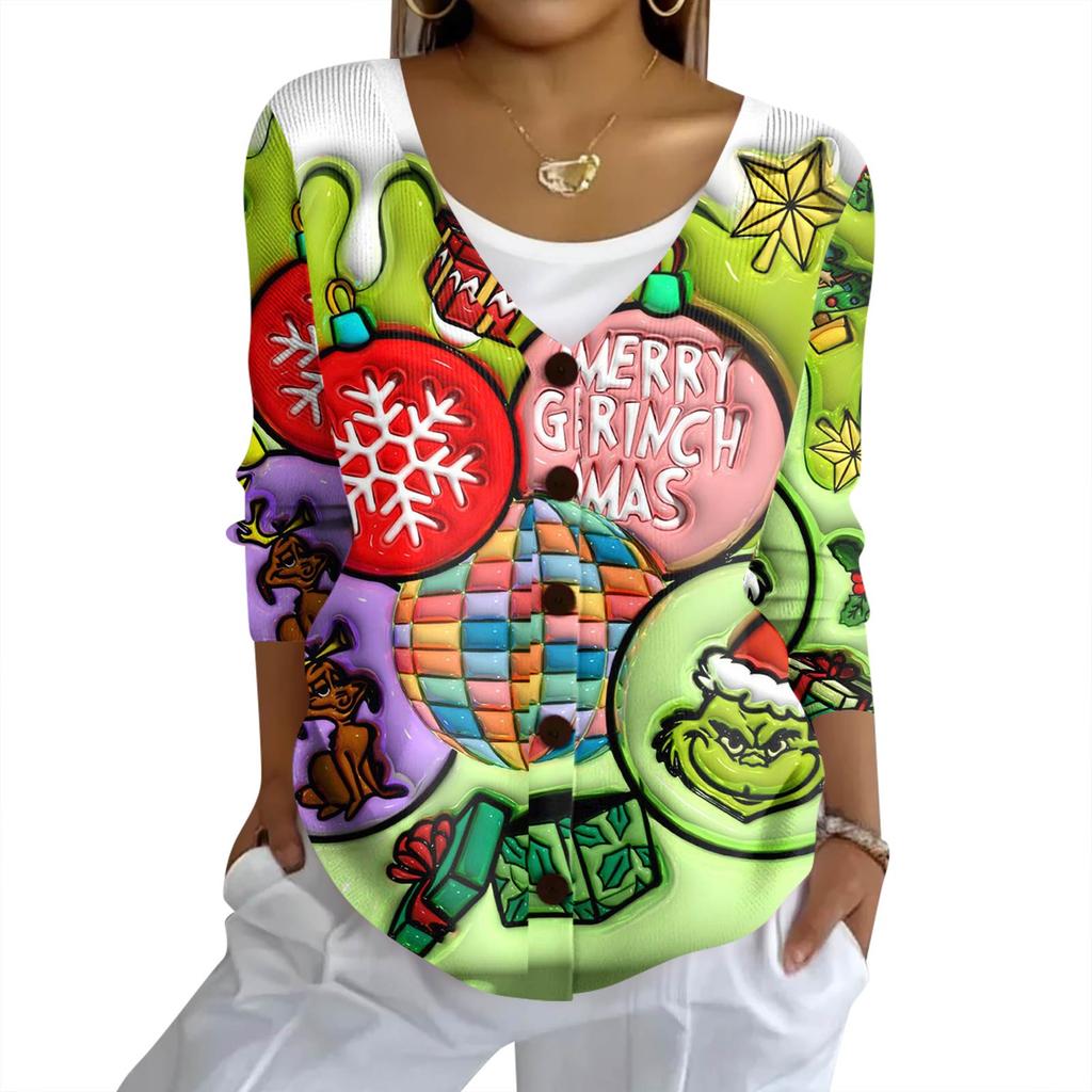 Women's Fashion Casual Knit Sweater Button-Up Christmas Print Cardigan Jacket