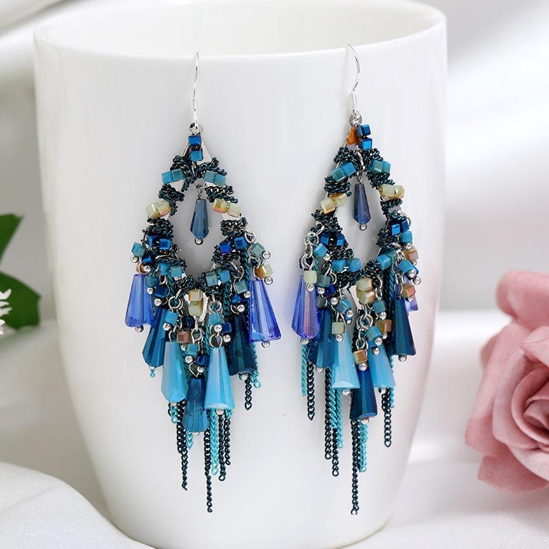 

Трендовые серьги с бахромой в богемном стиле, с серебряной иглой 925 пробы, ретро-серьги с кристаллами, длинные серьги для темпераментных женщин