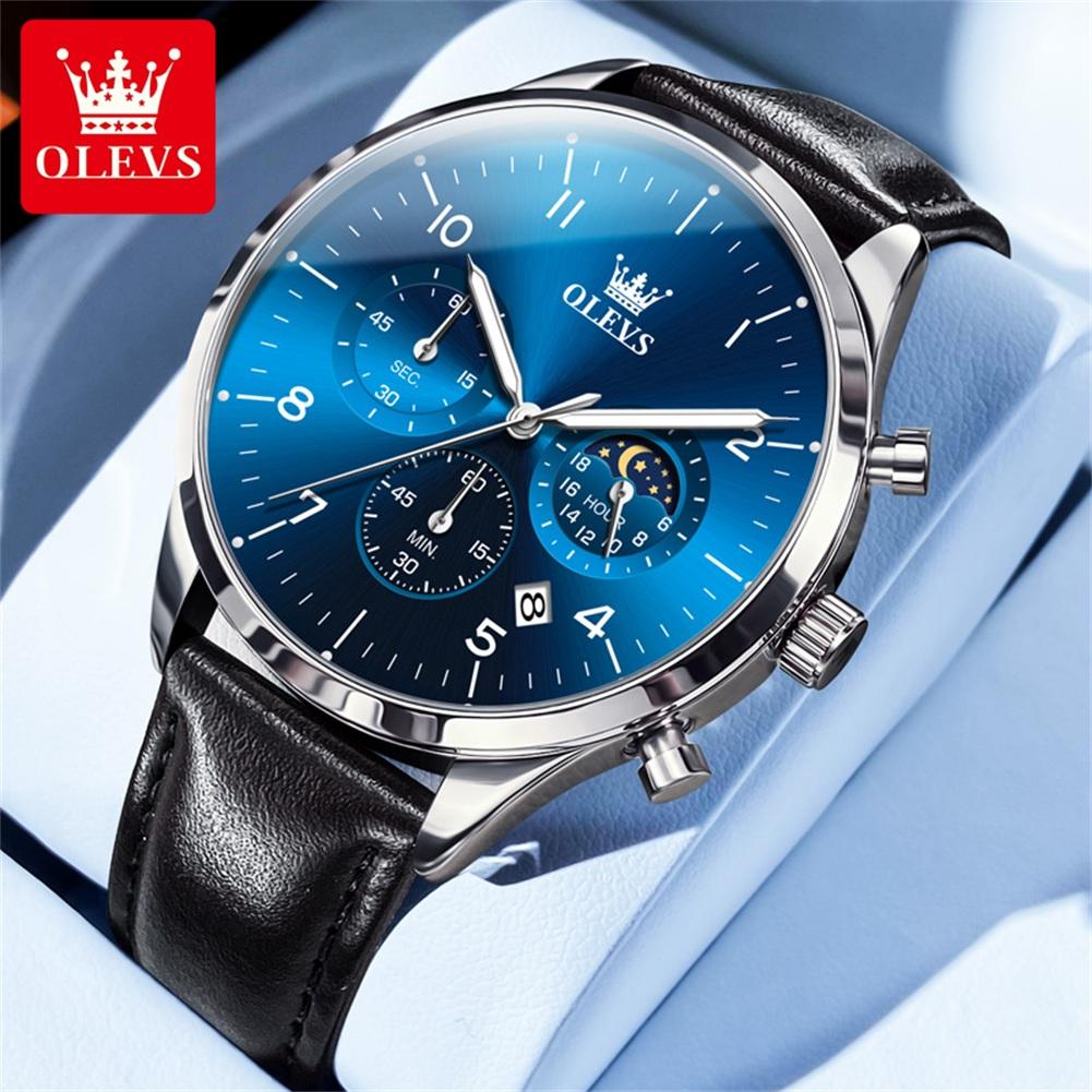 OLEVS Brand Fashion Moon Phase Quartz Watch for Men Leather Waterproof Luminous Calendar 24 Hours Multifunction Mens Watches