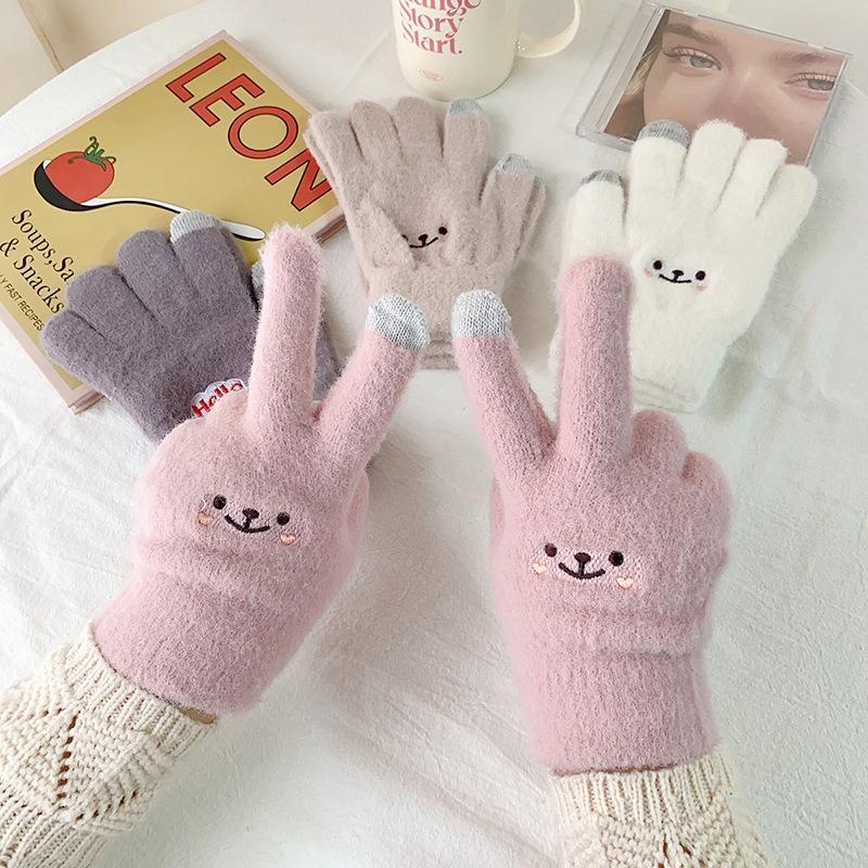 Gloves Winter Warm Student Cute Female Velvet Thickened Cycling Five-finger Cold-proof Cotton Gloves