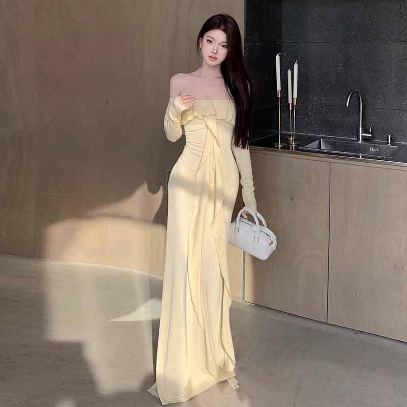 

Женское платье 2025 года с французским темпераментом, однотонным плечом, оборкой и разрезом по краю L абрикосовый