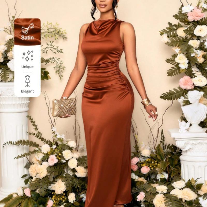 Elegante abito estivo da donna, nuovo, con pieghe, in raso, senza maniche, abito, abito da festa