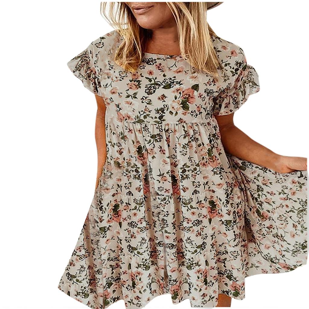 Women's Summer Ruffed Sleeve Small Floral Print  A-line Big Swing Dress