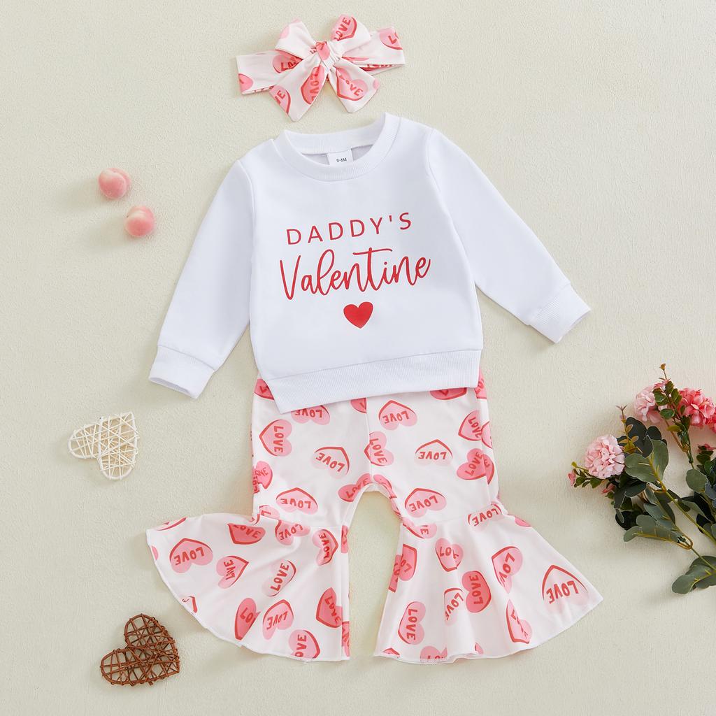 Seturi de Toamnă pentru Fetițe Mici 3 Piese Mânecă Lungă Gât O Topuri cu Imprimeu Litere Inimă Pantaloni Evazați Set Bandă de Păr