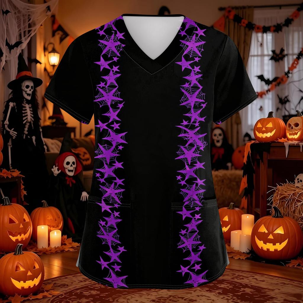 Women's Halloween Print Scrub Top with V-Neck and Pockets, Comfort Fit