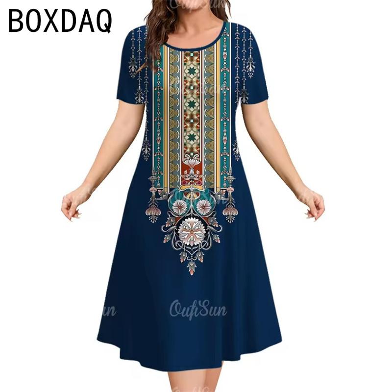 Women's Vintage Bohemian Ethnic Print Dress Summer Big Size Short Sleeve O-Neck  Casual Dress Elegant Ladies Mini A-Line Dress