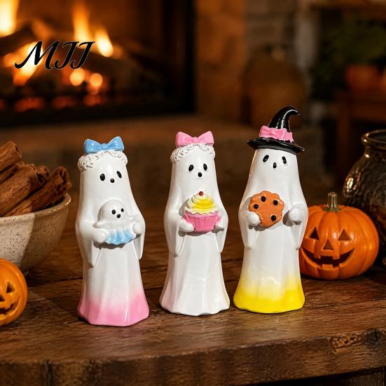 Desktop Decor for Halloween Cute Ghost Ornament, Resin Figurines with Cake/Cookie Small Statues Fireplace Design Home Holiday Party Decoration