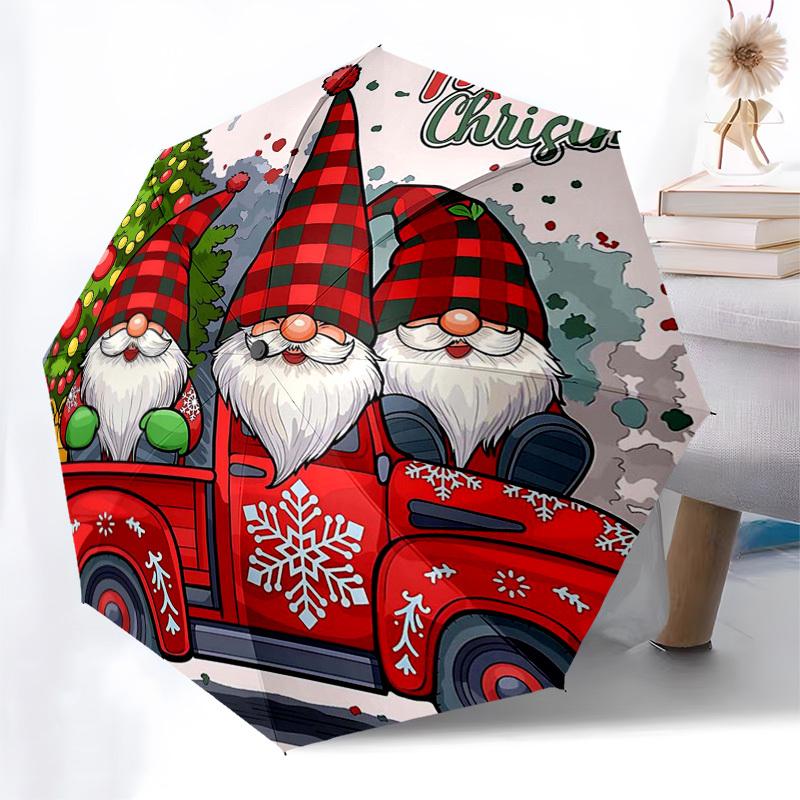 

1pc Merry Christmas Gnomes on Red Pickup Truck with Snowflakes, Festive Gift for Fans, Travelers, Everyday Use, Automatic Opening/Closing Umbrella wit