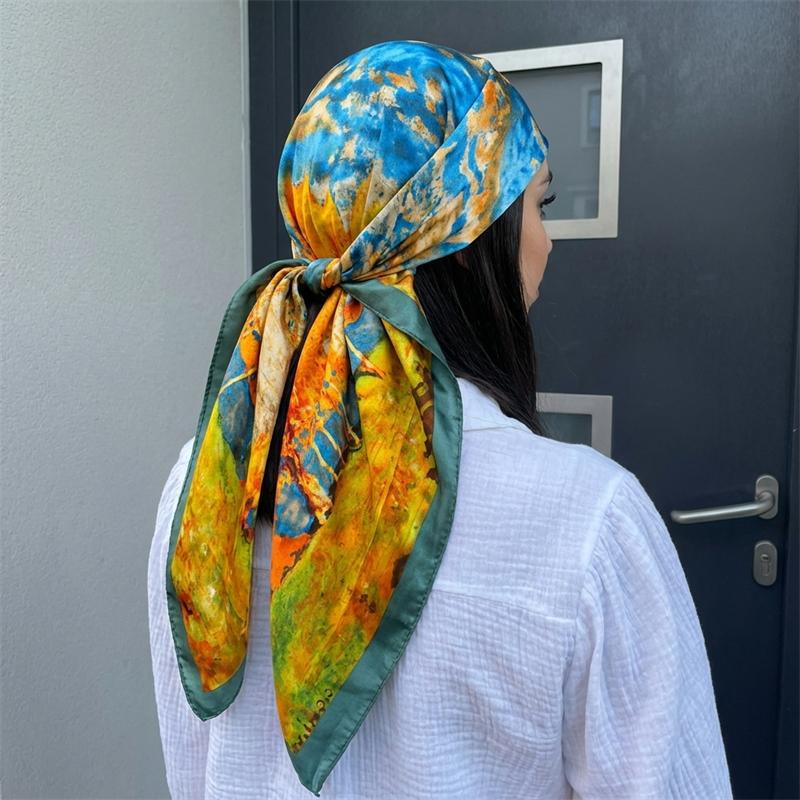 Sciarpa Quadrata in Raso di Seta di Marca di Lusso Fascia Hijab Bandana Foulard Sciarpa Avvolgente Fascia per Capelli Foulard da Donna 90cm