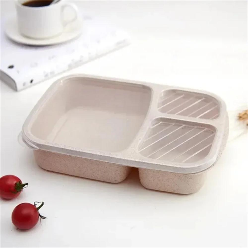 1/4pack Bento Lunch Box Set 3 Compartment Food Storage Containers Wheat Straw Meal Prep Lunch Box Plastic Food Storage Container