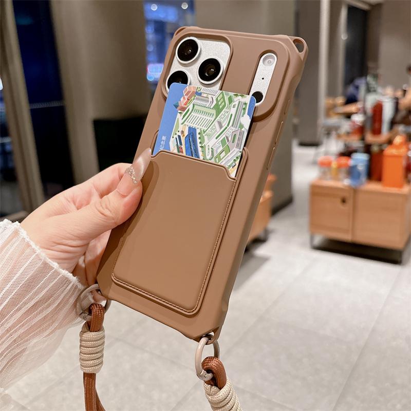 Short Rope Lanyard Phone Case For iPhone 17 Air 16 15 14 Plus 13 12 Mini 11 Pro Max X XR XS Max Card Clip Wallet Soft TPU Cover