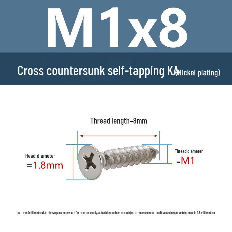 YiguYigu Nickel-Plated Phillips Flat Head Self-Tapping Screws M1-M5, Carbon Steel