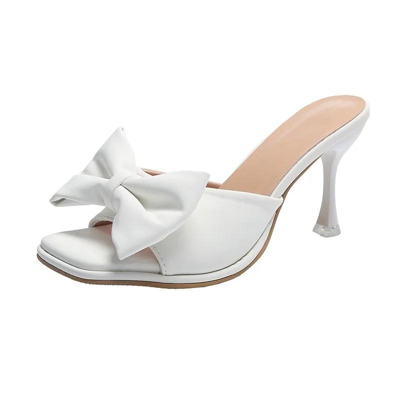 Sommer Damen Hohe Absätze Mode Quadratische Zehenpartie Design Slingback Sandalen Elegante Schleife Stiletto Hausschuhe für Damen Partykleider Schuhe