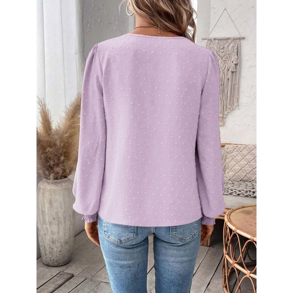 IHUASU Autumn Winter Fashion V-neck Lace Solid Color Long Sleeve Casual T Women's Top