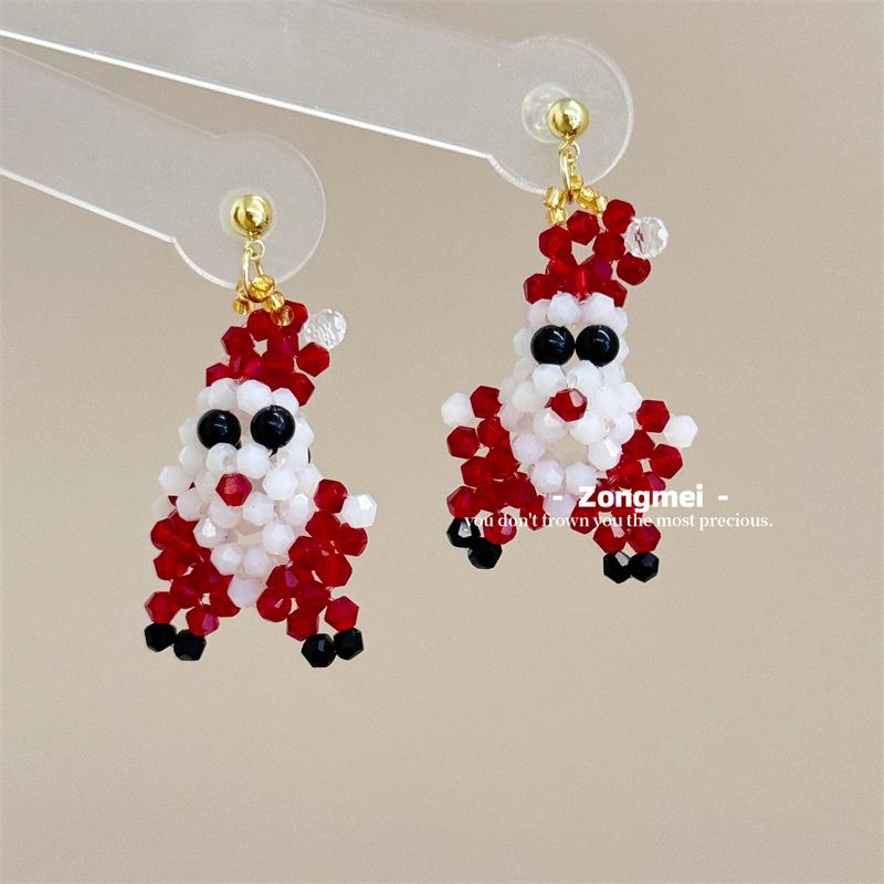 3D Christmas Tree Earrings with Red Bow - Heavy Beaded Crystal Ear Clips, Hand-Woven Holiday Accessories